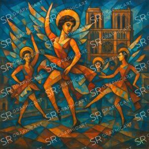 angels dancing the cancan in front of Notre Dame Cathedral