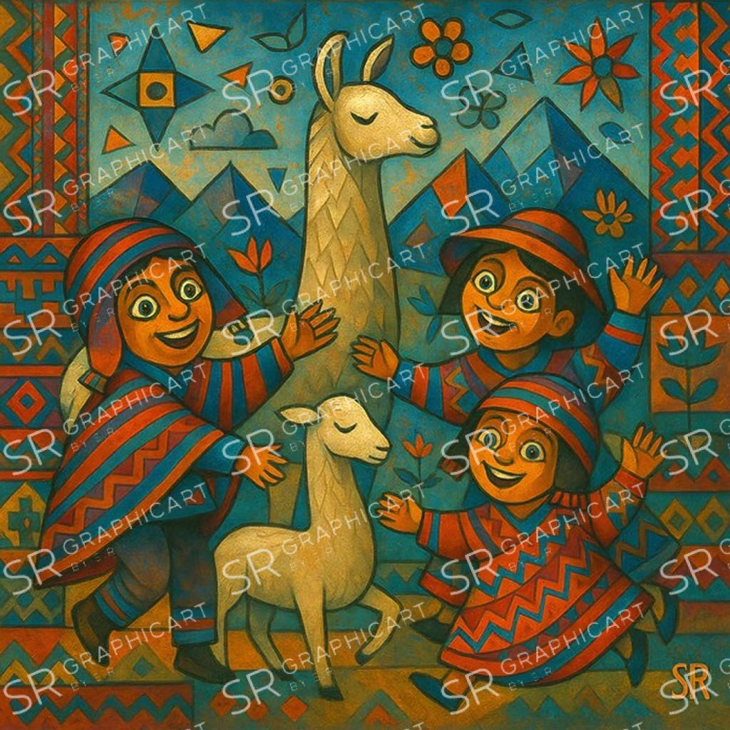 Andean children dancing around a llama
