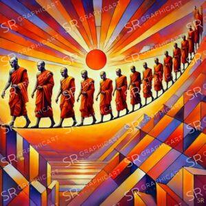 Buddhists in the setting sun