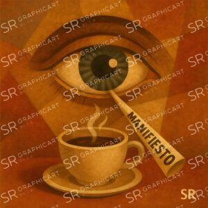 an eye drinking coffee through a straw from a manifesto