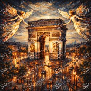 angels above the Arc de Triomphe in Paris