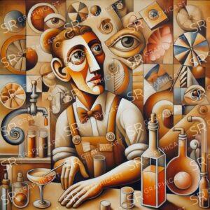 beige bartender in a brown bar