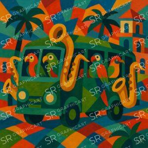 green bus full of parrots and saxophones